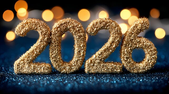 Shimme golden numbers spell out 2026, set against a dark, festive backdrop with blurred bokeh lights, symbolizing the new year celebration.