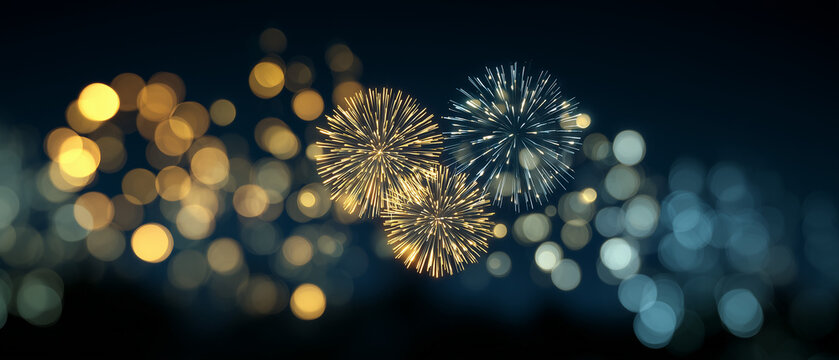 happy new year banner with fireworks on a black background, vector illustration, flat design, high resolution, professional photograph,