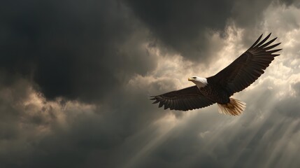 Majestic Bald Eagle Soaring Through Dramatic Stormy Sky with Sun Rays.