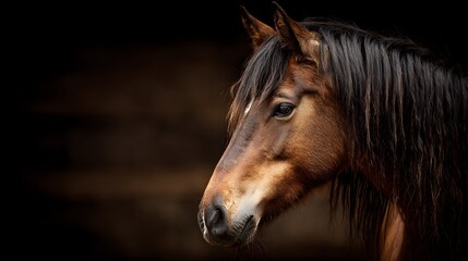 Fototapeta premium Majestic Bay Horse with Flowing Mane Against a Dark Background.