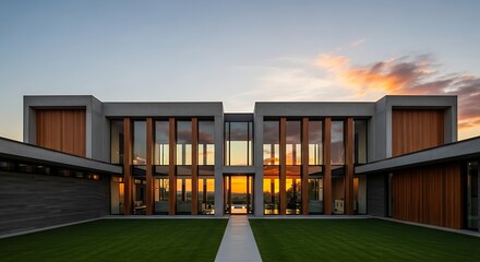 Fototapeta premium Modern Luxury Residence with Expansive Glass Facade at Sunset.
