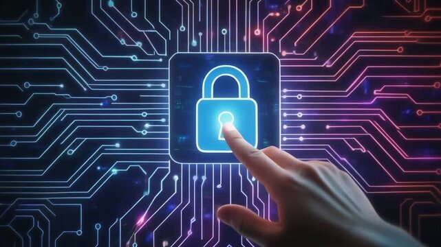 ネオン回路に触れる手が示すデジタルセキュリティの象徴 
