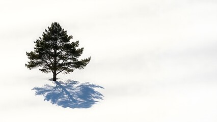 Solitary pine tree casts intricate shadow on pristine snow, creating a stark, minimalist winter landscape scene. Conveys tranquility and natural beauty of the season
