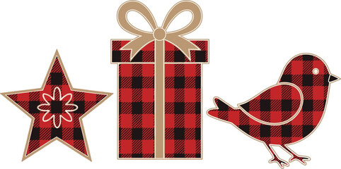 Fototapeta premium Buffalo Plaid Christmas Vector Set, Red and Black Check Star, Gift Box, and Bird Holiday Graphics