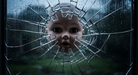 Broken window with doll face eerie scene depicting fear and vulnerability