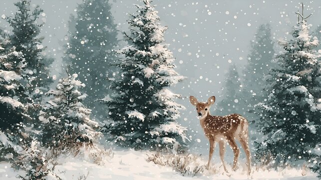 A young deer stands peacefully amidst snow covered evergreen trees in a serene and magical winter forest landscape scene for Christmas cards.