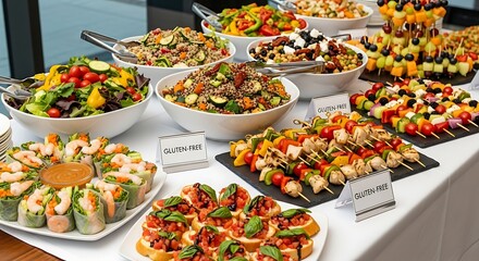 Buffet food display featuring salads appetizers and various culinary options