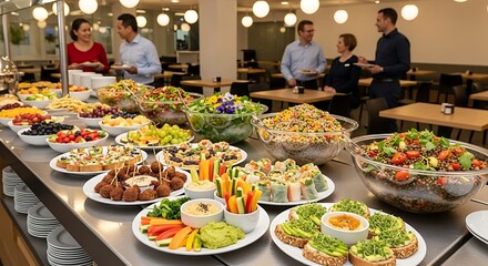 Buffet spread with various dishes displayed indoors with people gathering
