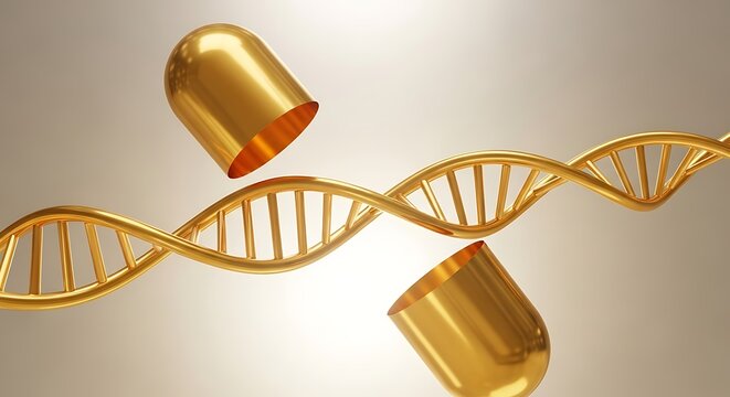 Golden dna helix structure with open capsule halves, genetic treatment concept. - Powered by Adobe