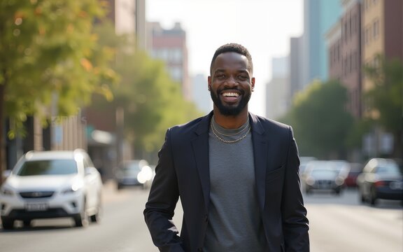 Business, happy and walking black man on city journey, commute trip and realtor smile on way to office building. Happiness, career expert and African real estate agent on morning travel in Nigeria