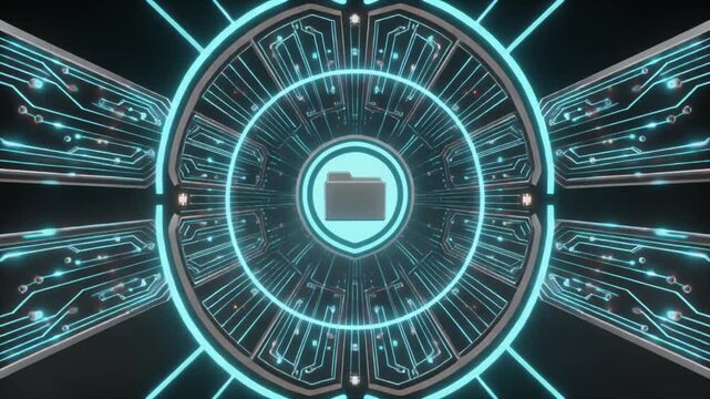 Futuristic digital data folder icon in glowing blue circuit board tunnel.