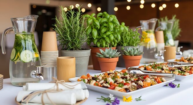 Buffet table with refreshments herbs and food under string lights