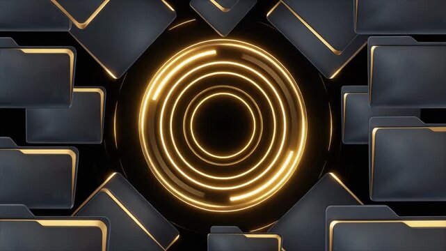 Abstract digital background with glowing golden circles and dark folder icons.