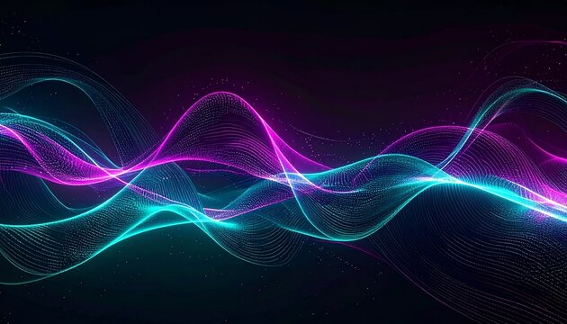 Abstract glowing neon sound wave lines moving through the darkness with vibrant colors of blue and pink creating a futuristic energy flow effect