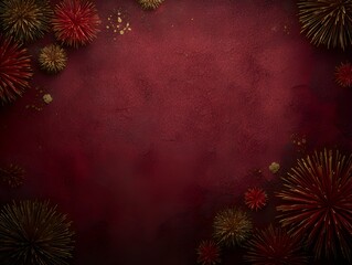 A festive deep red background features scattered gold accents and spiky floral decorations framing a center space for customizable designs.