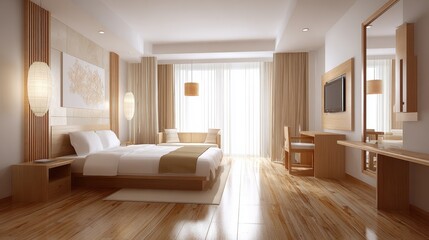 Modern Spacious Bedroom Interior with Natural Light, Wooden Flooring, Minimalist Decor, and Cozy Atmosphere Perfect for Relaxation and Comfort