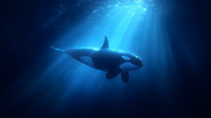 Obraz premium Majestic Orca Swimming in Deep Blue Ocean with Sun Rays Illuminating the Water.