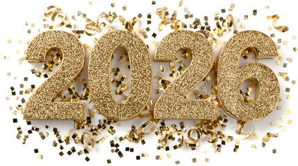 The shimme gold number 2026 is adorned with golden confetti and ribbons creating a festive and celebratory design on a white background.