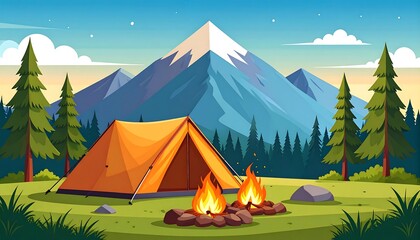 Vivid Camping Scene with Tent, Bonfire, Majestic Mountain, and Forest Illustration