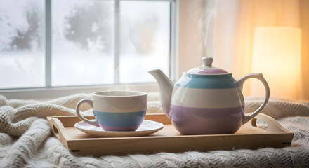 Fototapeta premium Cozy Morning with Steaming Hot Tea in a Colorful Teapot by a Frosty Window, Perfect for a Relaxing Winter Day