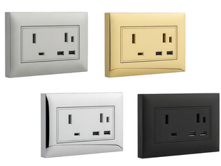 Modern power socket with usb ports in different finishes isolated on transparent background