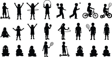 Active children playing silhouettes, diverse sports, cycling, scooter, hula hoop, tennis, ball games, childhood fun, black vector illustration set.