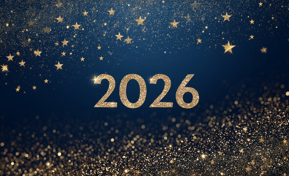 the background is a dark blue color with shining gold particles and the text "happy new year"