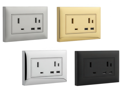 Modern power socket with usb ports in different finishes isolated on transparent background