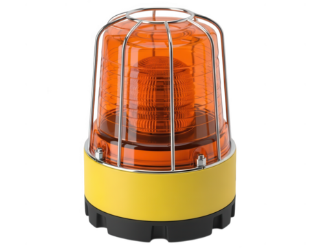 Orange warning light with metal cage on white background isolated on transparent background