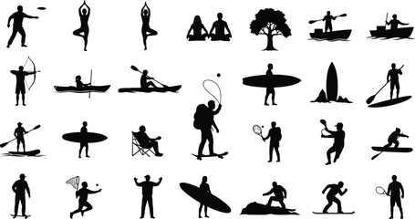 Diverse outdoor activity silhouettes, yoga, surfing, kayaking, archery, tennis, hiking, leisure, sports, black vector illustration set.
