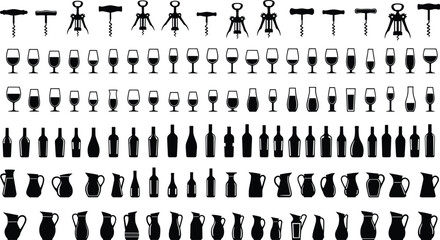 Diverse wine bottles, glasses, corkscrews, pitchers silhouettes, bar accessories, beverage, drinks, kitchenware, black vector icons collection.