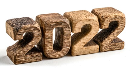 Wooden textured 2022 digits are displayed against a white background, representing the arrival of the upcoming calendar year and new beginnings.