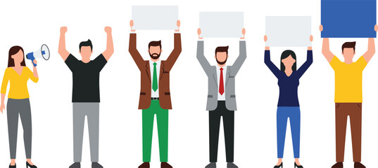 Protesting crowd vector illustration, people holding placards, megaphone, strike, demonstration, activism, protest, diverse group, social movement, flat design.
