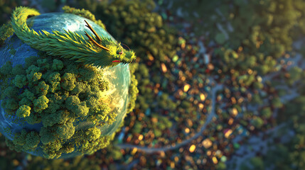 Leaf-Composed Dragon Coiling Sphere Fantasy Forest Natural Illustration for Environmental Themes, Creative Design and Educational Promotion