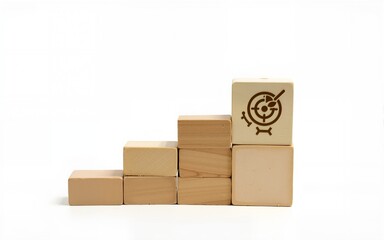 Obraz premium Business strategy with growth success process for for Leadership and teamwork concept. The action plan, business target icon on wooden cube blocks stack on white background, vertical style.