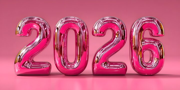 The glossy pink metallic numbers 2026 shimmer against a soft pink background, symbolizing the upcoming new year and future possibilities.