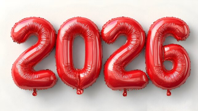 Red foil balloon numbers spelling out the year 2026 on a neutral background celebrating future New Year or special occasion event ahead.