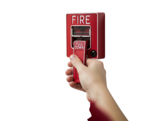 Person pulling fire alarm lever, urgent alert action isolated on transparent background
