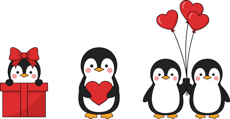 Cute Cartoon Penguin Vector Set for Valentine's Day, Holding Heart Balloons and Gift Box Graphics