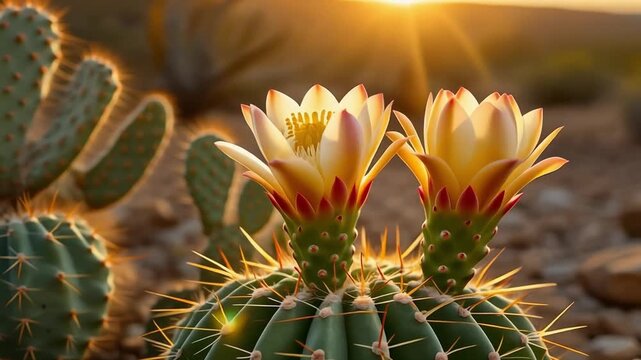 砂漠で朝日に咲き開くサボテンの花