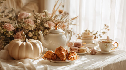 Seasonal decor with pumpkin, natural element, styled ornament and home detail arranged in an autumn setting with warm tone, classic design idea and elegant seasonal