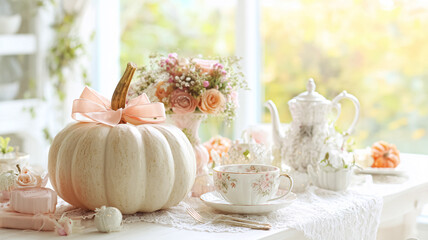 Seasonal decor with pumpkin, natural element, styled ornament and home detail arranged in an autumn setting with warm tone, classic design idea and elegant seasonal