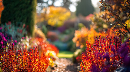 Garden view with path, foliage, pot, bench, hedge and leaf under autumn light, suitable for outdoor lifestyle, real estate, seasonal decor, countryside home or exterior styling reference