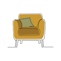 Continuous line armchair sofa chair. One single line drawing of Living room with modern furniture editable stroke vector illustration
