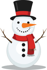 Cute Traditional Snowman Vector Character with Top Hat, Red Scarf, Carrot Nose, and Stick Arms
