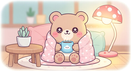 Cozy Kawaii Bear Enjoying Hot Drink in a Quilted Blanket on a Round Rug