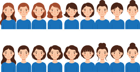 Diverse Women's Hairstyles Vector Set, Smiling Female Avatars with Different Hair Lengths and Cuts