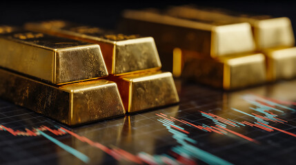 Safe Haven Asset and Market Fluctuation: Gold Bars and Digital Financial Trading Chart.