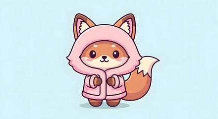 Charming illustration of an adorable cartoon fox character wearing a cozy pink hooded jacket, radiating warmth and playful cuteness in a delightful graphic design