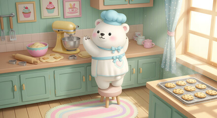 Adorable Animated Bear Baking Cookies in a Cozy Kitchen with a Mixer and Freshly Baked Treats